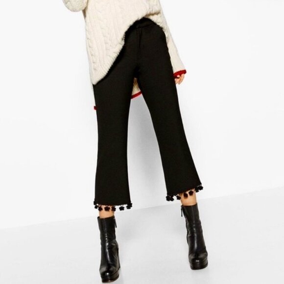 NEW Zara Black Pompom Tassel Hem Cropped Flare Career  Pants Trousers Size S - Picture 1 of 16